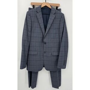 Calvin Klein Suit Mens 42L Blue Plaid Wool Blend Pants 32x32 Blazer Pants Set